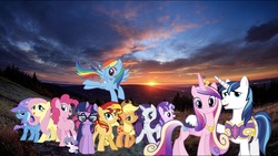 Size: 2048x1155 | Tagged: safe, artist:php77, editor:php77, applejack, fluttershy, pinkie pie, princess cadance, princess flurry heart, rainbow dash, rarity, sci-twi, shining armor, starlight glimmer, sunset shimmer, trixie, twilight sparkle, g4, forest, irl, mountain, photo, ponies in real life, stock vector, sunset, wallpaper