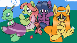 Size: 1280x720 | Tagged: safe, artist:souldew, tree hugger, tymbal, wheat grass, oc, oc:soul dew, changedling, changeling, earth pony, pegasus, pony, g4, clothes, female, glasses, hippie, hippieling, male, mare, pegasus oc, stallion