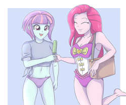 Size: 3897x3248 | Tagged: safe, artist:sumin6301, pinkie pie, sunny flare, equestria girls, equestria girls series, g4, belly button, bikini, breasts, clothes, eyes closed, female, food, high res, midriff, one-piece swimsuit, popsicle, purse, raised leg, smiling, swimsuit