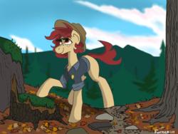 Size: 1136x852 | Tagged: safe, artist:furncoart, oc, oc only, earth pony, pony, clothes, female, forest, mare, rock, shirt, solo, tree, tree stump