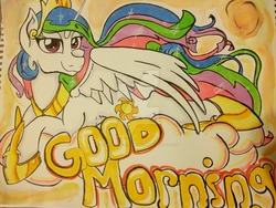 Size: 1024x768 | Tagged: safe, artist:demise-the-art-demon, princess celestia, pony, g4, cloud, female, prone, solo, sun, traditional art, watermark