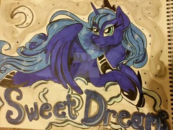 Size: 1024x768 | Tagged: safe, artist:demise-the-art-demon, princess luna, pony, g4, cloud, female, moon, prone, solo, traditional art, watermark