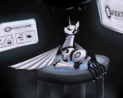 Size: 1500x1200 | Tagged: safe, artist:panzerwaffe, oc, oc only, oc:molados, pony, robot, robot pony, aperture science, bedroom eyes, butt, female, grin, lying, mare, plot, portal (valve), smiling, solo, spread wings, wings