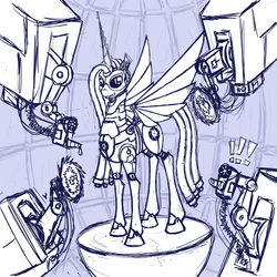 Size: 2000x2000 | Tagged: safe, artist:panzerwaffe, oc, oc only, oc:molados, pony, robot, robot pony, aperture science, exclamation point, female, grin, high res, mare, monochrome, portal (valve), sketch, smiling, solo, spread wings, wings