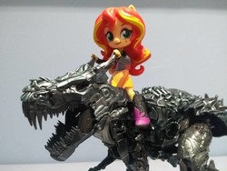Size: 1024x768 | Tagged: safe, artist:lonetrekker, sunset shimmer, dinosaur, equestria girls, g4, action figure, boots, clothes, dinobot, doll, equestria girls minis, female, grimlock, irl, jacket, photo, riding, shoes, skirt, toy, transformers, transformers age of extinction