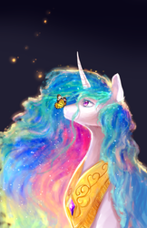 Size: 1024x1582 | Tagged: safe, artist:aquagalaxy, princess celestia, butterfly, pony, g4, beautiful, color porn, curved horn, female, horn, jewelry, looking up, mare, necklace, solo
