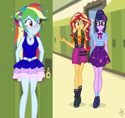 Size: 762x720 | Tagged: safe, artist:ilaria122, rainbow dash, sci-twi, sunset shimmer, twilight sparkle, human, equestria girls, g4, alternate hairstyle, belt, blushing, boots, braid, canterlot high, clothes, cute, dashabetes, dress, ear piercing, earring, embarrassed, geode of empathy, geode of telekinesis, glasses, heart eyes, hiding, jacket, jewelry, leather jacket, lockers, necklace, piercing, ponytail, rainbow dash always dresses in style, shoes, simple background, skirt, socks, talking, tomboy taming, walking, wingding eyes, worried, zipper