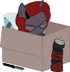 Size: 1097x1134 | Tagged: safe, artist:logic-is-here, oc, oc only, oc:curse word, pony, unicorn, big boss, box, female, glasses, knife, mare, pillow, pony in a box, simple background, sleeping, solo, the phantom pain, transparent background