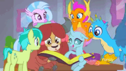 Size: 480x270 | Tagged: safe, screencap, gallus, ocellus, sandbar, silverstream, smolder, yona, changedling, changeling, dragon, earth pony, griffon, hippogriff, pony, yak, g4, school daze, animated, best friends, book, bow, butt, cloven hooves, discovery family logo, dragoness, female, flying, gif, hair bow, male, monkey swings, plot, reading, student six, teenager