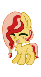 Size: 700x1300 | Tagged: safe, artist:k3elliebear, oc, oc only, oc:pink apple, earth pony, pony, blushing, eyes closed, female, filly, offspring, parent:applejack, parent:flim, parents:flimjack, simple background, solo, tongue out, transparent background