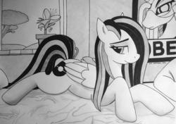 Size: 1280x900 | Tagged: safe, artist:art.molados, oc, oc only, pegasus, pony, bed, bedroom eyes, female, grayscale, hope poster, lying, mare, monochrome, obey, prone, solo, traditional art