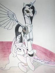 Size: 2748x3664 | Tagged: safe, artist:art.molados, princess celestia, oc, oc:molados, alicorn, pony, robot, robot pony, princess molestia, g4, domination, female, glados, high res, lesbian, looking at each other, mare, portal (valve), rapeface, shipping, traditional art