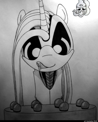 Size: 700x871 | Tagged: safe, artist:art.molados, pinkie pie, oc, oc:molados, pony, robot, robot pony, g4, cake, drool, eyes on the prize, female, food, grayscale, licking, licking lips, mare, monochrome, tongue out, traditional art