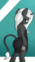 Size: 2160x3840 | Tagged: safe, alternate version, artist:andelai, oc, oc only, oc:salem cuisine, semi-anthro, abstract background, arm hooves, bipedal, black dress, butt, clothes, dress, female, high res, leonine tail, little black dress, looking at you, looking back, looking back at you, plot, simple background, solo, tail hole, transparent background