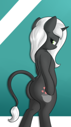 Size: 2160x3840 | Tagged: safe, alternate version, artist:andelai, oc, oc only, oc:salem cuisine, semi-anthro, abstract background, arm hooves, bipedal, butt, female, high res, leonine tail, looking at you, looking back, looking back at you, plot, simple background, solo, transparent background
