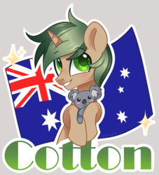 Size: 2127x2340 | Tagged: safe, artist:hawthornss, oc, oc:cotton, koala, pony, unicorn, australia, australian flag, badge, blushing, cute, flag, high res, looking at you, male, smiling, stallion, text