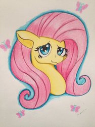 Size: 1024x1365 | Tagged: safe, artist:luxiwind, fluttershy, pegasus, pony, g4, bust, female, looking at you, mare, portrait, solo, traditional art