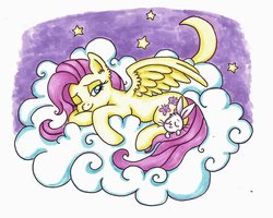 Size: 1024x819 | Tagged: safe, artist:crystal4heart, angel bunny, fluttershy, pegasus, pony, g4, cloud, crescent moon, duo, female, lidded eyes, mare, moon, night, on a cloud, one eye closed, one wing out, prone, sleeping, sleepy, traditional art