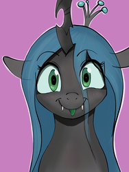 Size: 1536x2048 | Tagged: safe, artist:nullpotower, queen chrysalis, changeling, changeling queen, g4, :p, blushing, crown, cute, cutealis, fangs, female, happy, jewelry, looking at you, mare, regalia, simple background, smiling, solo, tongue out