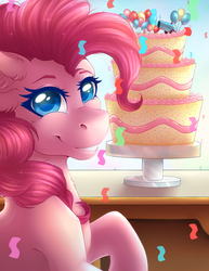 Size: 1024x1325 | Tagged: dead source, safe, artist:serenity, pinkie pie, earth pony, pony, g4, cake, cheek fluff, chest fluff, colored pupils, confetti, dessert, ear fluff, female, food, heart eyes, looking at you, looking back, looking back at you, mare, party cannon, smiling, solo, wingding eyes