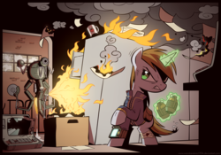 Size: 4320x3025 | Tagged: safe, artist:php104, oc, oc only, oc:littlepip, pony, robot, unicorn, fallout equestria, bandage, blood, buzzsaw, circular saw, clothes, fallout, fanfic, fanfic art, female, filing cabinet, fire, glowing horn, grenade, grenades, hooves, horn, i can't believe it's not idw, ironshod firearms, jumpsuit, levitation, magic, mare, mister gutsy, mug, paper, pipboy, pipbuck, saddle bag, smoke, teeth, telekinesis, terminal, vault suit, weapon, window