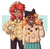 Size: 1000x974 | Tagged: safe, artist:mochietti, bright mac, pear butter, human, g4, badge, blushing, cat ears, clothes, commission, confused, cowboy hat, cute, dark skin, duo, eyes closed, female, flannel, freckles, hat, heart, hoodie, humanized, jeans, male, naruto, otaku, pants, peace sign, pearabetes, poké ball, pokémon, question mark, ship:brightbutter, shipping, skirt, smiling, stetson, straight, weeaboo