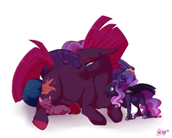 Size: 1280x1024 | Tagged: safe, artist:qatsby, fizzlepop berrytwist, tempest shadow, oc, oc:azure shadow, oc:winter borealis, pegasus, pony, unicorn, g4, baby, baby pony, bat wings, crying, eye scar, female, filly, magical lesbian spawn, mare, mother, offspring, parent:princess luna, parent:tempest shadow, parents:tempestluna, scar, simple background, size difference, white background
