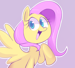 Size: 754x686 | Tagged: safe, artist:norithecat, fluttershy, pegasus, pony, g4, bust, digital, female, happy, looking at you, open mouth, outline, portrait, raised hoof, simple background, smiling, solo, spread wings, wings