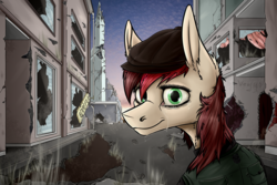 Size: 3000x2000 | Tagged: safe, artist:vendigoap, oc, oc only, oc:appleale, earth pony, pony, fallout equestria, crying, female, hat, high res, hopeful, mare, ruins, scavenger, smiling at you, solo