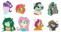 Size: 2063x1100 | Tagged: safe, artist:swasfews, babs seed, burnt oak, cracked wheat, fluttershy, minty mocha, smolder, suri polomare, wallflower blush, dragon, earth pony, human, pony, g4, bust, dragoness, female, filly, mare, simple background, transparent background