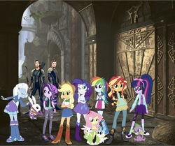 Size: 1337x1118 | Tagged: safe, artist:php77, editor:php77, applejack, fluttershy, rainbow dash, rarity, sci-twi, spike, spike the regular dog, starlight glimmer, sunset shimmer, trixie, twilight sparkle, dog, equestria girls, g4, converse, hunger games, shoes, sneakers