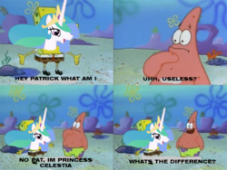Size: 573x430 | Tagged: safe, princess celestia, g4, comments locked down, male, meme, op is a duck, op is trying to start shit, patrick star, spongebob squarepants, spongebob squarepants (character), texas (spongebob episode), uselesstia