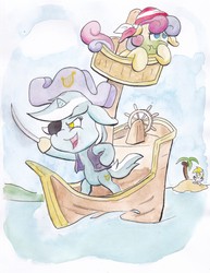 Size: 2129x2759 | Tagged: safe, artist:lost marbles, bon bon, derpy hooves, lyra heartstrings, sweetie drops, g4, bipedal, eyepatch, green face, hat, high res, island, nauseous, palm tree, pirate, pirate hat, sea sickness, ship, sword, traditional art, tree, weapon