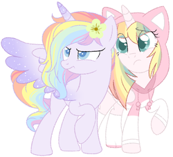 Size: 730x664 | Tagged: safe, artist:owlity, oc, oc:flower power, oc:sweet dreams, alicorn, pony, alicorn oc, angry, cat hoodie, clothes, female, flower, flower in hair, hoodie, multicolored hair, pastel, rainbow, shy, sisters, sparkles