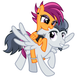 Size: 3200x3200 | Tagged: safe, artist:cheezedoodle96, rumble, scootaloo, pegasus, pony, g4, .svg available, alternate hairstyle, anklet, clothes, ear piercing, earring, emo, eyeshadow, facial hair, female, filly, flying, goatee, headcanon, high res, jewelry, looking at you, makeup, male, nose piercing, nose ring, older, older rumble, older scootaloo, piercing, ponies riding ponies, punk, riding, ship:rumbloo, shipping, simple background, smiling, spread wings, stallion, straight, svg, tank top, teenage scootaloo, teenager, transparent background, vector, wings