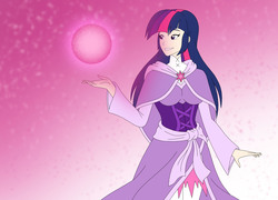 Size: 3113x2245 | Tagged: safe, artist:pyrus-leonidas, twilight sparkle, human, g4, beautiful, clothes, dress, female, high res, humanized, magic, orb, smiling, solo