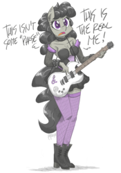 Size: 1200x1714 | Tagged: safe, artist:flutterthrash, octavia melody, earth pony, anthro, plantigrade anthro, g4, clothes, commission, dialogue, ear piercing, electric guitar, female, fishnet stockings, guitar, hard rock, it's a phase, it's not a phase, musical instrument, piercing, rock (music), rocktavia, socks, solo, younger