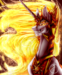 Size: 2236x2683 | Tagged: safe, artist:witch house, daybreaker, princess celestia, alicorn, fire pony, pony, a royal problem, g4, bust, evil smile, fangs, female, fire, grin, gritted teeth, high res, lidded eyes, looking at you, mane of fire, mare, messy mane, pointed ears, portrait, sharp teeth, signature, smiling, solo, speedpaint, teeth, wavy mane