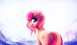 Size: 2700x1573 | Tagged: safe, artist:thefloatingtree, sunset shimmer, pony, unicorn, g4, cutie mark, female, looking at you, looking back, looking back at you, mare, painting, rear view, solo
