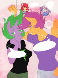 Size: 1200x1600 | Tagged: safe, artist:lurking tyger, apple bloom, scootaloo, spike, sweetie belle, anthro, g4, angry, barb, clothes, cutie mark crusaders, female, half r63 shipping, lesbian, older, older apple bloom, older scootaloo, older sweetie belle, ponified, ponified spike, rule 63, ship:scootabarb, ship:scootaspike, shipping, species swap, straight