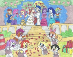 Size: 2180x1700 | Tagged: safe, artist:yogelis, apple bloom, applejack, flash sentry, fluttershy, pinkie pie, rainbow dash, rarity, scootaloo, sunset shimmer, sweetie belle, twilight sparkle, equestria girls, g4, blossom (powerpuff girls), bride, bridesmaid, bridesmaid dress, bridesmaids, bubbles (powerpuff girls), buttercup (powerpuff girls), clothes, crossover, cutie mark crusaders, dress, fall formal outfits, female, flower girl, flower girl dress, humane five, humane seven, humane six, male, marriage, ship:flashimmer, shipping, straight, the powerpuff girls, traditional art, tuxedo, wedding, wedding dress, wedding veil