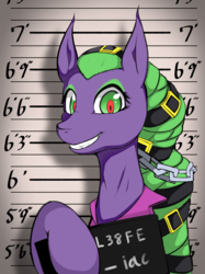 Size: 1240x1662 | Tagged: safe, artist:theobrobine, mane-iac, pony, g4, chains, female, height scale, looking at you, mare, mugshot, prisoner, smiling, solo