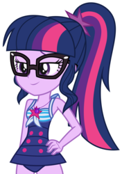 Size: 2600x3703 | Tagged: safe, artist:sketchmcreations, sci-twi, twilight sparkle, equestria girls, g4, my little pony equestria girls: better together, x marks the spot, attached skirt, clothes, female, geode of telekinesis, glasses, hand on hip, high res, magical geodes, one-piece swimsuit, ponytail, sci-twi swimsuit, simple background, skirt, smug, solo, swimsuit, transparent background, vector