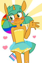 Size: 1280x1920 | Tagged: safe, artist:kryptchild, snails, anthro, g4, alternate hairstyle, clothes, cute, female, flag, gay pride flag, glitter shell, heart, lace, pride, pride flag, pride month, rainbow, shirt, shorts, solo, strapless, strapless shirt, trans female, transgender, transgender pride flag, waving