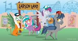 Size: 1280x683 | Tagged: safe, artist:tim-kangaroo, big macintosh, alicorn, bat pony, griffon, pegasus, pony, unicorn, bronycon, bronycon 2018, g4, alicornified, amusement park, bigmacicorn, crossover, dipper pines' hat, fence, fez, gravity falls, hat, m.a. larson, male, poster, princess big mac, race swap, roadside attraction, sketchbook