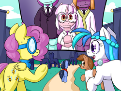 Size: 1280x960 | Tagged: safe, artist:zanezandell, oc, oc only, oc:bright idea (cmcn), oc:kid prodigy, oc:krabby, oc:polaris, oc:prodigous intellect, oc:sugarbolt, oc:vanilla snow, earth pony, pegasus, pony, unicorn, comic:cmcnext, ascot, bipedal, clothes, cmcnext, colt, father and son, female, filly, glasses, goggles, magical gay spawn, male, necktie, nervous, obscured face, offspring, parent, parent:oc:bright idea (cmcn), parent:oc:prodigious intellect, parent:princess cadance, parent:shining armor, parents:shiningcadance, scarf, scientific gay spawn, shirt, standing, story included, suit, sweat