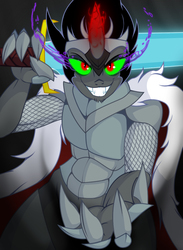 Size: 822x1122 | Tagged: safe, artist:lil miss jay, king sombra, anthro, full service playing cards, g4, armor, cape, censored, chainmail, claws, clothes, fluffy, glowing eyes, glowing horn, horn, looking at you, male, sideburns, solo, sombra eyes, sword, weapon