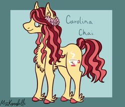 Size: 1750x1500 | Tagged: safe, artist:misskanabelle, oc, oc only, oc:carolina chai, earth pony, pony, abstract background, chest fluff, ear fluff, earth pony oc, female, flower, flower in hair, freckles, mare, offspring, parent:big macintosh, parent:fluttershy, parents:fluttermac, signature, smiling, solo, unshorn fetlocks