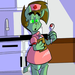 Size: 576x576 | Tagged: safe, artist:pembroke, oc, oc:wisp the diamond dog, crossdressing, nurse outfit, thermometer