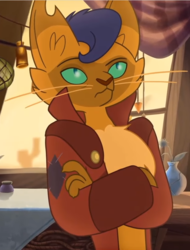 Size: 610x803 | Tagged: safe, screencap, capper dapperpaws, abyssinian, cat, anthro, g4, my little pony: the movie, capper is not amused, chest fluff, clothes, coat, cropped, crossed arms, looking up, male, solo, unamused, whiskers